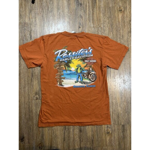 HARLEY DAVIDSON ROSSITERS SARASOTA FLORIDA ORANGE T SHIRT L MADE IN USA - Picture 1 of 9